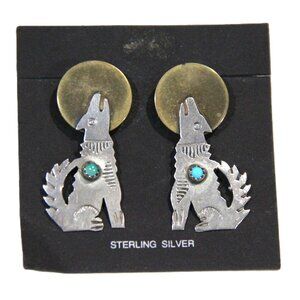NATIVE AMERICAN STERLING SILVER & TURQUOISE WOLF EARRINGS